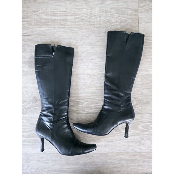 Stuart Weitzman Black Leather Tall High Heel Pointed Toe Zip Womens Boots 9 - Picture 1 of 16